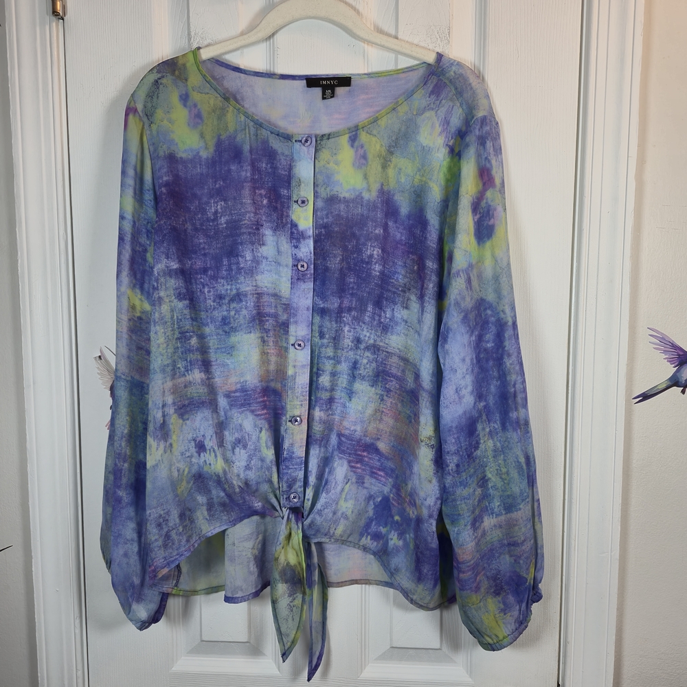 IMNYC Issac Mizrahi Purple Blue Tie Dye Button up Blouse Large Tie Waist Sheer